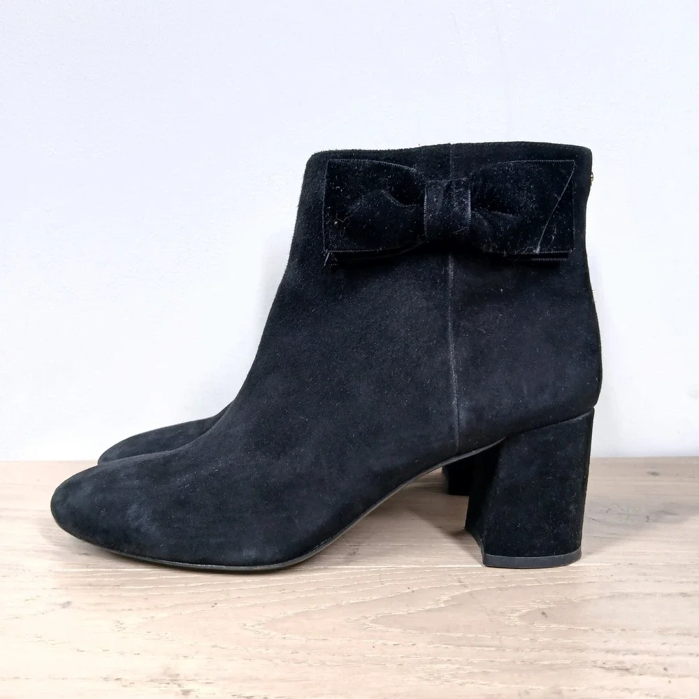 Kate Spade Ankle Boots Womens 9.5 Black Suede Bow Block Heel Feminine Dressy